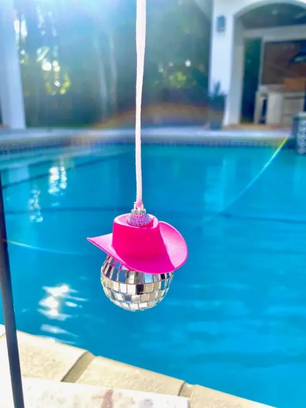 Pink Cowgirl CowBoy Hat Car Charm Rear View Mirror Hanging Disco Ball Bling Keychain Western Accessories Bag Decor Car Makeover - Image 2
