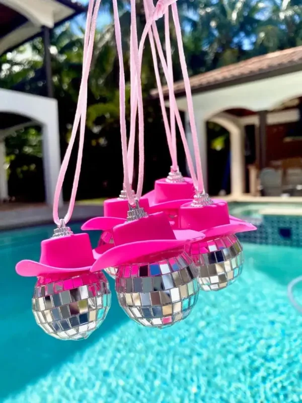 Pink Cowgirl CowBoy Hat Car Charm Rear View Mirror Hanging Disco Ball Bling Keychain Western Accessories Bag Decor Car Makeover - Image 3