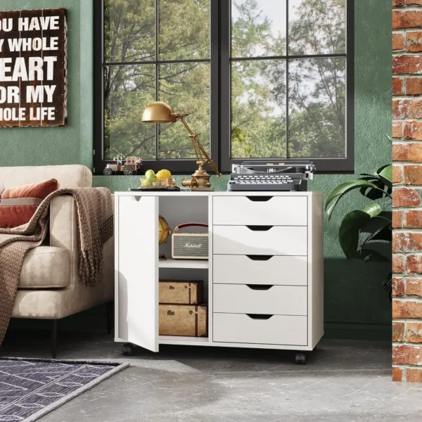 5-Drawer Wood Dresser Chest with Door, Mobile Storage Cabinet, Printer Stand for Home Office NEW USA - Image 2
