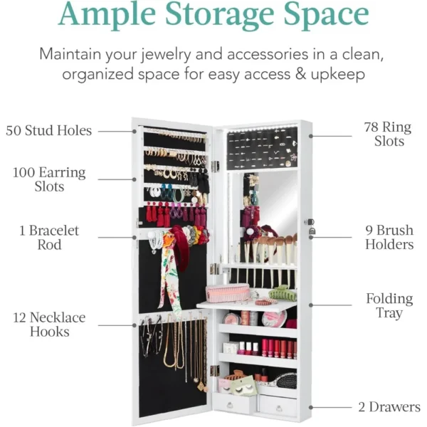 LED Mirror Jewelry Cabinet, Lockable Wall or Door Mounted Jewelry Armoire Organizer with Mirror, 2 Drawers - Image 4