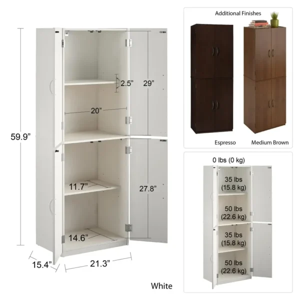 4-Door 5' Storage Versatile Cabinet w/ 2 Adjustable Shelves and 2 Fixed Shelves, made of Laminated Particleboard,Walnut - Image 2