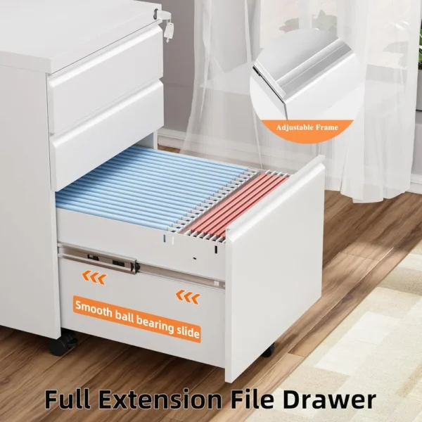 3 Drawer Filing Cabinet with Lock, White Mobile File Cabinet with Wheels, Rolling Small Metal Cabinets Under Desk - Image 6