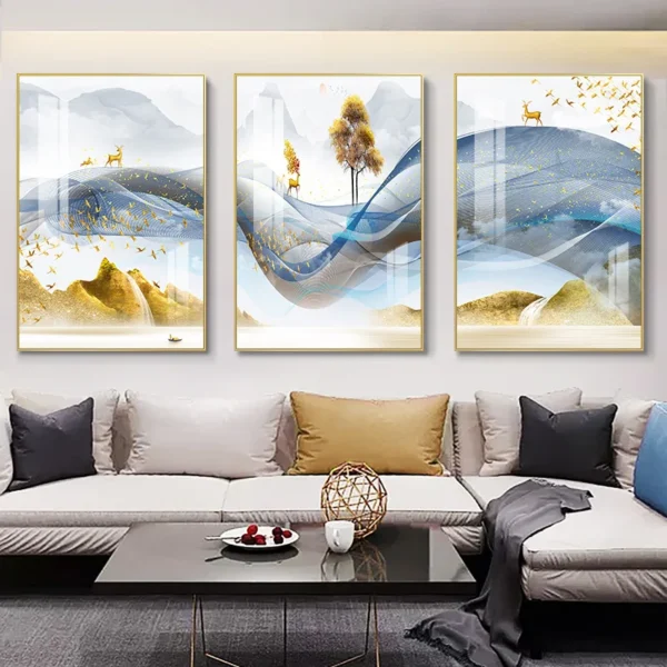 3 Pieces Nordic Luxury Ribbon Abstract Landscape Wall Art Canvas Paintings Modern Gold Deer Poster Print Picture for Home Decor - Image 6