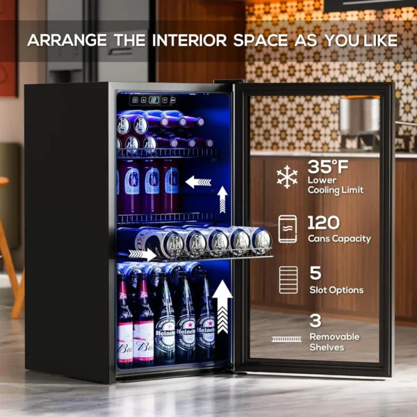 Refrigerator Cooler-120 Cans Freestanding Mini Fridge Cooler with Glass Door, Adjustable Shelves & Digital Temperature - Image 2