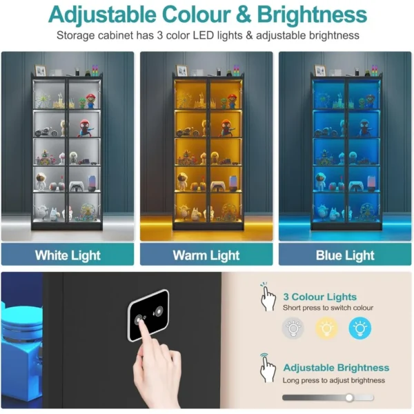 Tall Storage Cabinet up to 70", LED Living Room Curio Cabinet with Human Body Induction, 5 Tier Bookcase Display Cabinet - Image 4