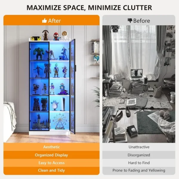 65 Inch High Display Cabinet with Doors and Adjustable Shelves, 5-layer Display Cabinet with Metal Handle/LED Light/human Sensor - Image 2