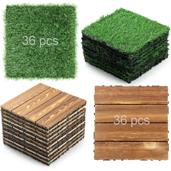 72 Pcs Hardwood Interlocking Patio Deck Tile and Artificial Grass Tile 12 x 12 In Waterproof Wood Flooring Tile Interlocking