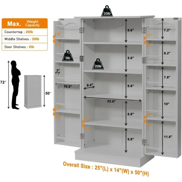 LED Kitchen Food Storage Cabinet, 50 Inch Food Buffet Cabinet with 2 Doors and Shelves - Image 5
