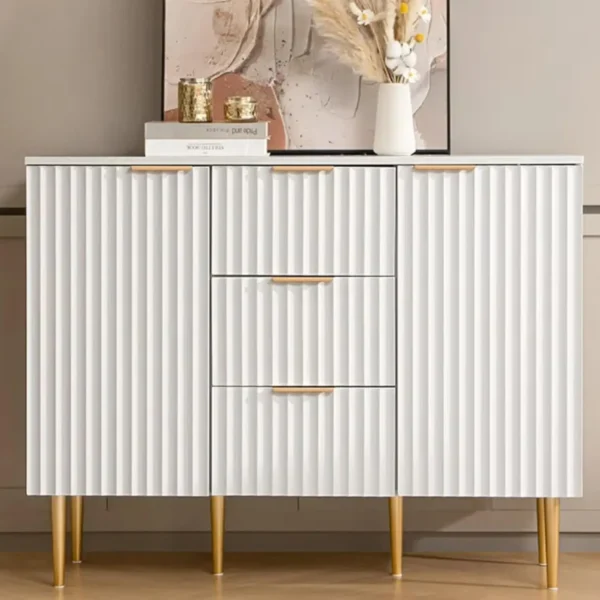 Storage Cabinet with 3 Drawers, Glossy Fluted Buffet Cabinet Sideboard with Adjustable Shelves, Credenza Accent
