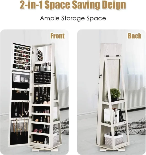 360° Swivel Jewelry Armoire with Higher Full Length Inside Makeup Mirror, Standing Lockable Cabinet Organizer, Large Capacity, B - Image 6