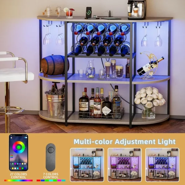 Wine Bar Cabinet with LED Lights and Power Outlets, Freestanding Coffee Liquor Bar Cabinet with Glass Holder - Image 4