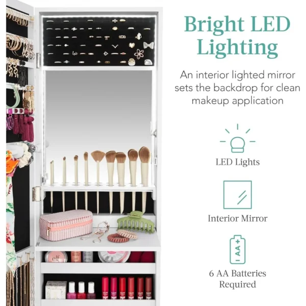 LED Mirror Jewelry Cabinet, Lockable Wall or Door Mounted Jewelry Armoire Organizer with Mirror, 2 Drawers - Image 3