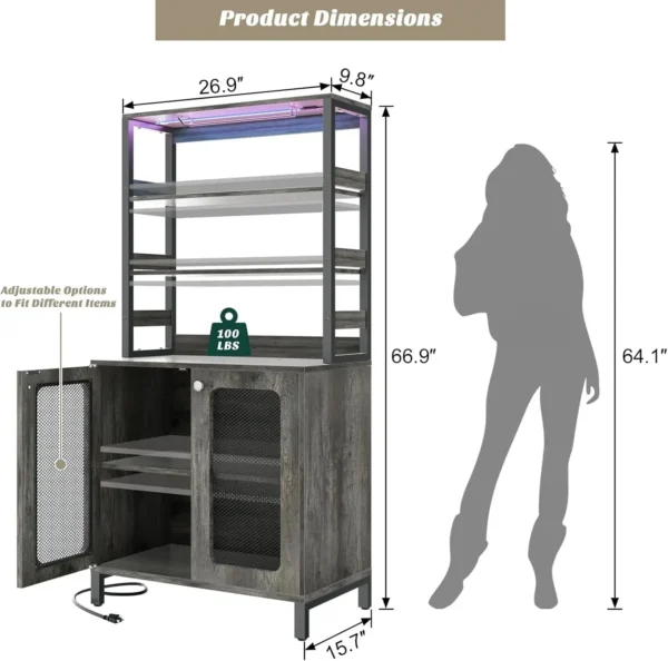 Bar Cabinet with Power Outlets, 67" Tall Wine Bar Cabinet Liquor Cabinet with LED Lights and Glass Holder - Image 2