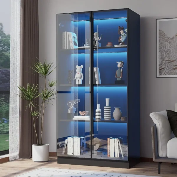 Display cabinet with LED lights, glass display cabinet with 4 shelves, curio cabinet with 2 glass doors