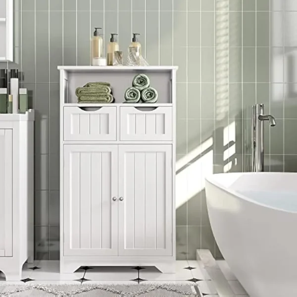Bathroom Storage Cabinet with 2 Drawers & Adjustable Shelf, 2 Doors Bathroom Floor Cabinet, Wooden Cupboard for Living - Image 2