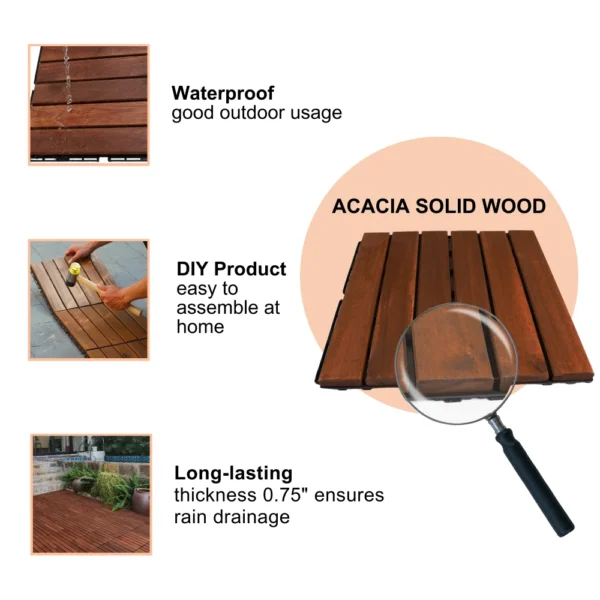 Acacia Wood Interlocking Deck Tiles Striped Pattern, 20 PCS 12" x 12" Square Acacia Hardwood Outdoor Flooring for Patio - Image 3