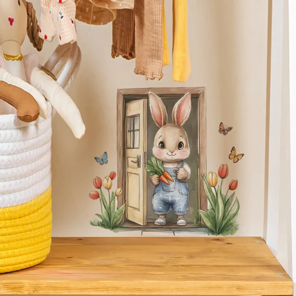 Painted Wooden Door Bunny Wall Sticker Bedroom Background Decoration Mural Cute Rabbit Kids Room Home Decor Self-adhesive Decals