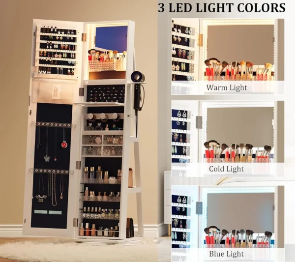 Length Mirror Jewelry Cabinet with Lights, 63" H Jewelry Armoire Storage with Mirror and Storage Shelf, White - Image 6