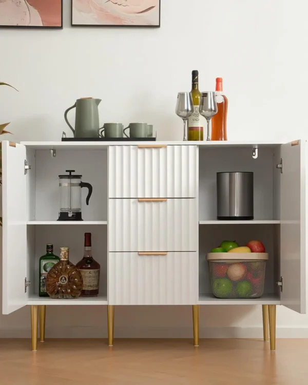Storage Cabinet with 3 Drawers, Glossy Fluted Buffet Cabinet Sideboard with Adjustable Shelves, Credenza Accent - Image 3