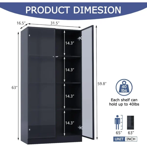 Display cabinet with LED lights, glass display cabinet with 4 shelves, curio cabinet with 2 glass doors - Image 2