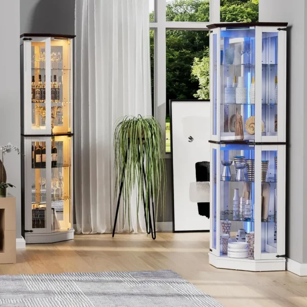 Tempered Glass Doors,6 Shelves,Floor Standing Display Cage Corner Wine Cabinet Storage Rack for Bar and Liquor Storage,White - Image 6