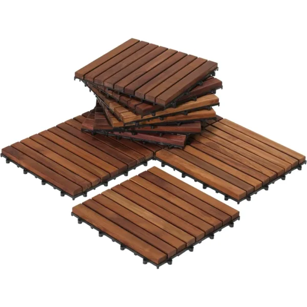 EZ-Floor Interlocking Flooring Tiles in Solid Teak Wood Oiled Finish (Set of 10), Long 9 Slat - Image 2