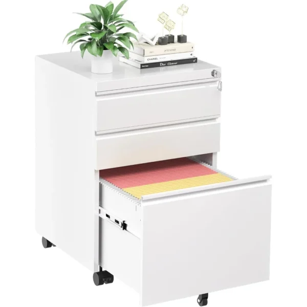 3 Drawer Filing Cabinet with Lock, White Mobile File Cabinet with Wheels, Rolling Small Metal Cabinets Under Desk