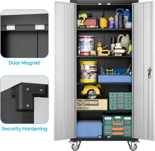 Storage Cabinet with Wheels,72" Metal Storage Cabinet with 2 Doors and 4 Adjustable Shelves, Lockable Rolling Cabinet - Image 6