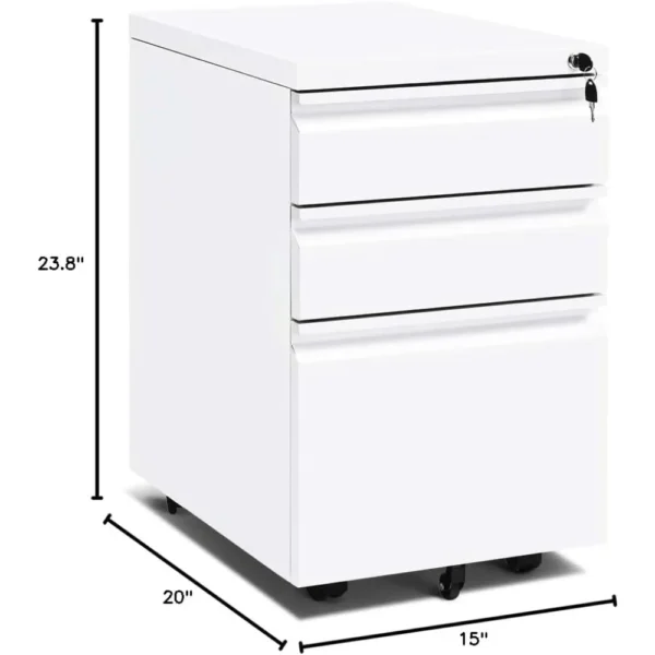 3 Drawer Filing Cabinet with Lock, White Mobile File Cabinet with Wheels, Rolling Small Metal Cabinets Under Desk - Image 3