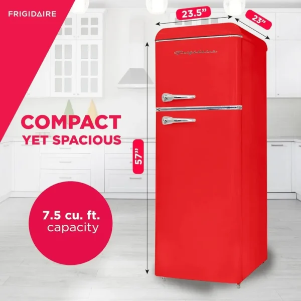 Door Apartment Size Retro Refrigerator with Top Freezer, Chrome Handles, 7.5 cu ft, red - Image 2