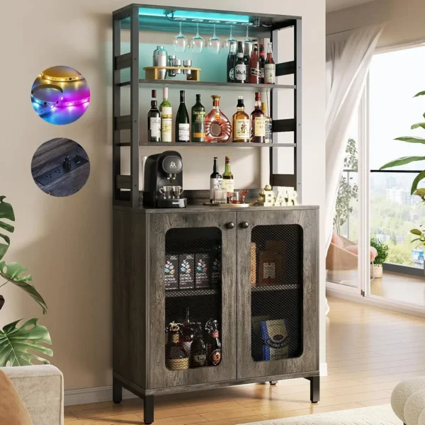 Bar Cabinet with Power Outlets, 67" Tall Wine Bar Cabinet Liquor Cabinet with LED Lights and Glass Holder
