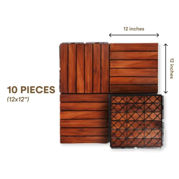 Interlocking Deck andFlooring Tiles - Teak Wood Outdoor Flooring - 12" x 12" Weather Resistant, UV Protected and Anti Pack of 10 - Image 3
