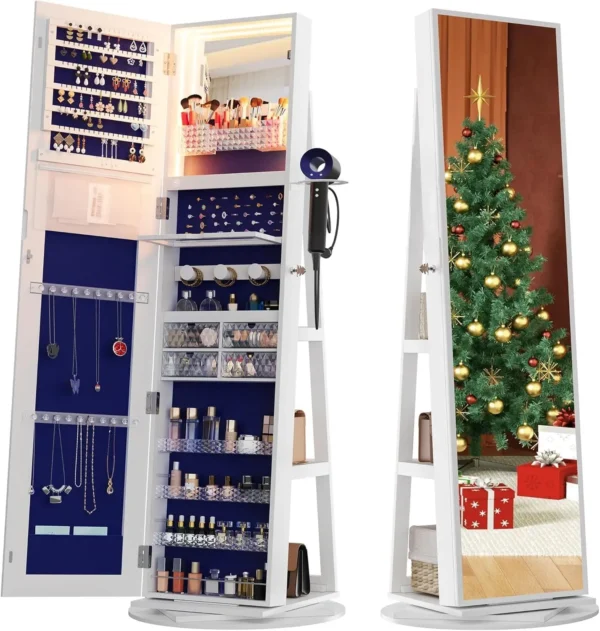 Length Mirror Jewelry Cabinet with Lights, 63" H Jewelry Armoire Storage with Mirror and Storage Shelf, White