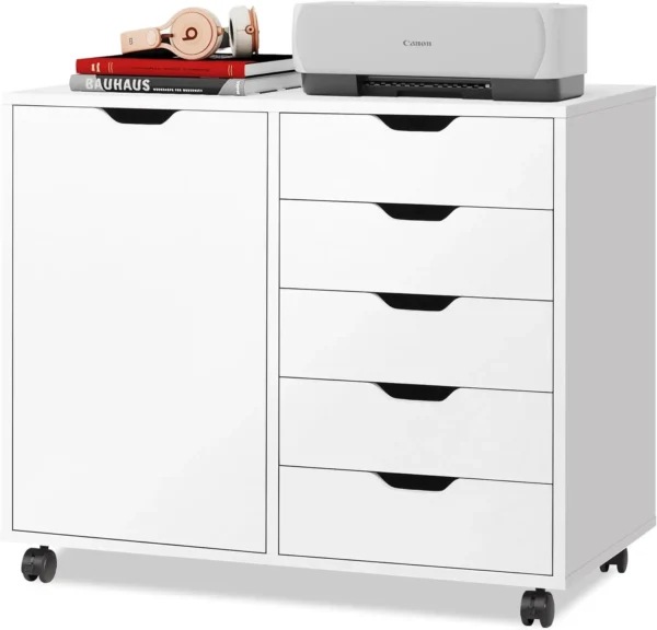 5-Drawer Wood Dresser Chest with Door, Mobile Storage Cabinet, Printer Stand for Home Office NEW USA