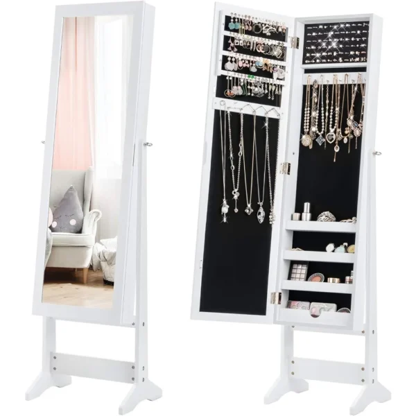 Jewelry Cabinet with Full-Length Mirror, 64 Earring Slots, 72 Ring Slots, 20 Necklace Hooks Standing Jewelry Armoire Organizer