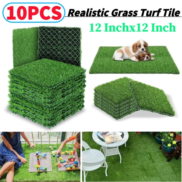 10Pcs Realistic Grass Turf Tile Green Interlocking Fake Grass Deck Turf Tiles Grass Flooring for Indoor Outdoor 12Inch x 12Inch