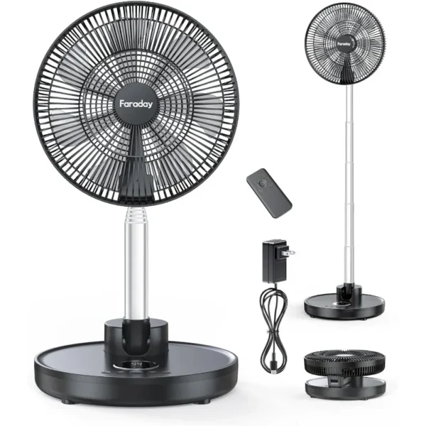 FARADAY Oscillating Standing Fan 12” Foldable Portable Quiet Floor Fan 12000mAh Rechargeable Pedestal Fan with Remote, Timer