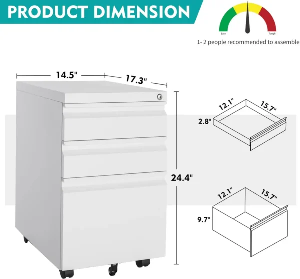 White Filing Cabinet 3 Drawers on Wheels Under Desk, Metal Rolling File Cabinet with Lock for Home Office, Small Mobile File Cab - Image 3