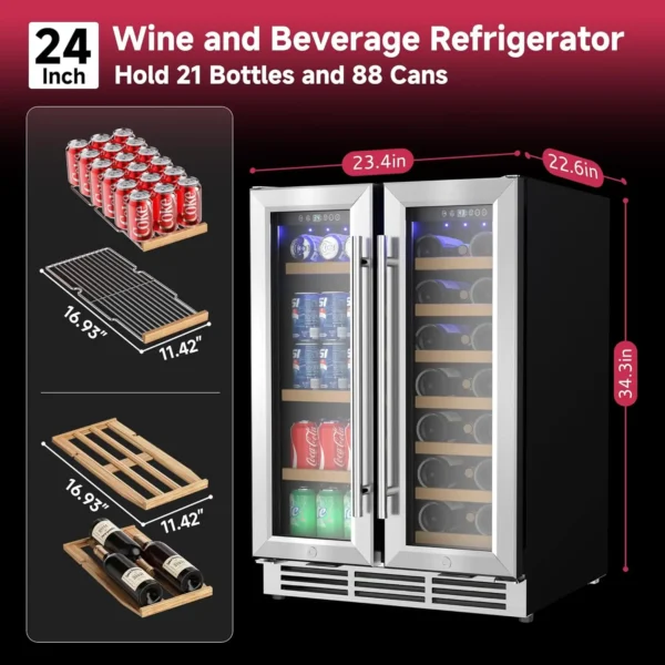 Beverage Refrigerator, Dual Zone Wine Cooler with Glass Door, Hold 88 Cans & 21 Bottles, Built in or Freestanding Under Counter - Image 3