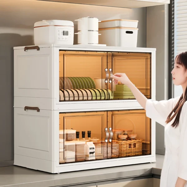 Kitchen Storage Cabinet Plastic Multi-laye Transparent Large Capacity Foldable Storage Cabinet with Magnetic Attraction Door - Image 2