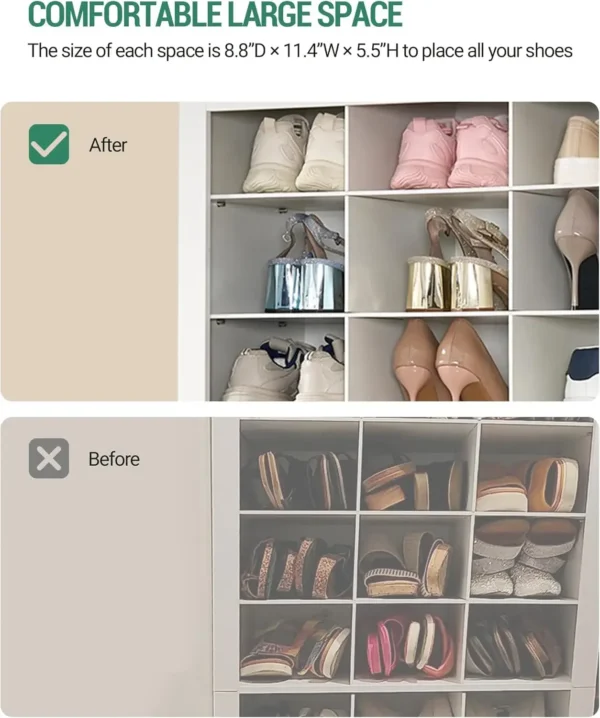 Shoe Storage Cabinet, 36 Pairs Free Standing Closet Organizer, 8.8 inch Widened Cell Wood Shoe Organizer, 12 Tiers Vertical - Image 4