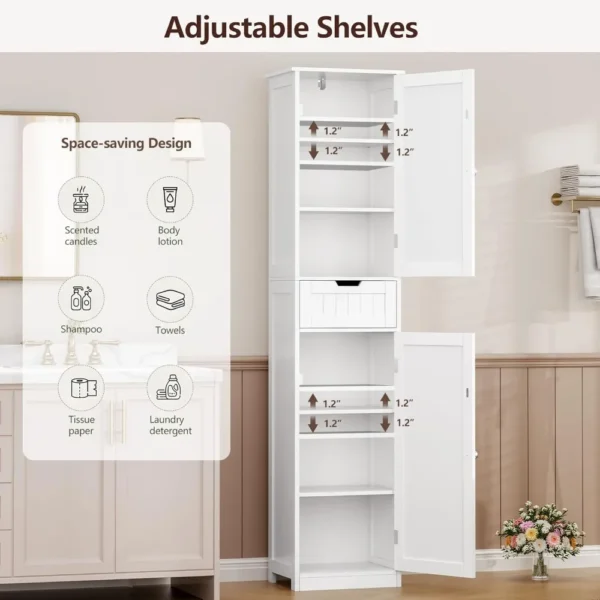 Tall Bathroom Cabinet, Storage Cabinet with 2 Doors & 1 Drawer, Freestanding Linen Cabinet with Adjustable Shelves, Floor - Image 5