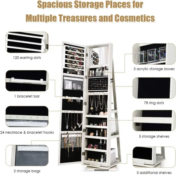 360° Swivel Jewelry Armoire with Higher Full Length Inside Makeup Mirror, Standing Lockable Cabinet Organizer, Large Capacity, B - Image 5