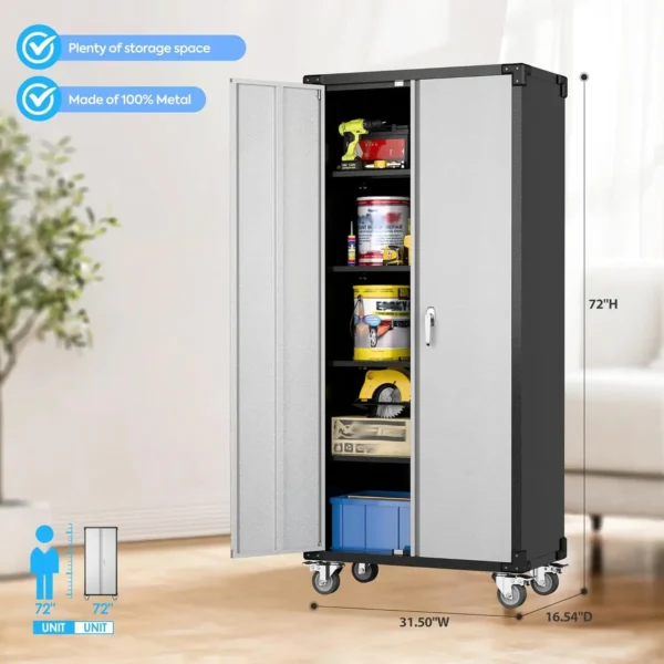 Storage Cabinet with Wheels,72" Metal Storage Cabinet with 2 Doors and 4 Adjustable Shelves, Lockable Rolling Cabinet - Image 3