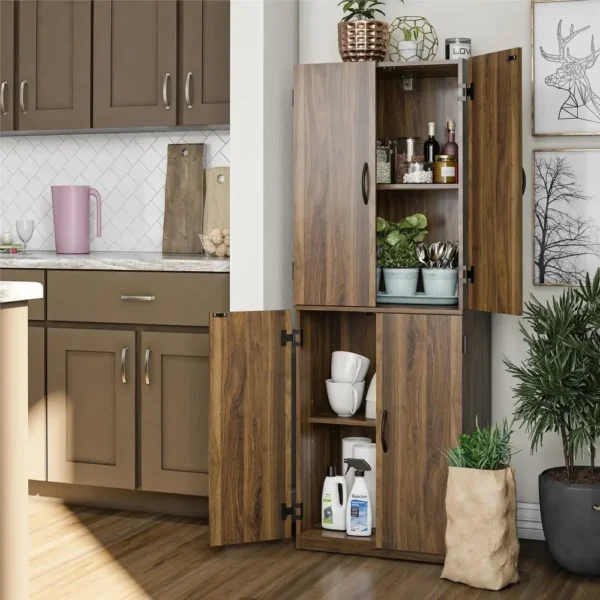 4-Door 5' Storage Versatile Cabinet w/ 2 Adjustable Shelves and 2 Fixed Shelves, made of Laminated Particleboard,Walnut - Image 3