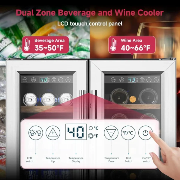 Beverage Refrigerator, Dual Zone Wine Cooler with Glass Door, Hold 88 Cans & 21 Bottles, Built in or Freestanding Under Counter - Image 2