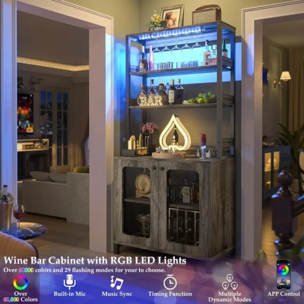 Bar Cabinet with Power Outlets, 67" Tall Wine Bar Cabinet Liquor Cabinet with LED Lights and Glass Holder - Image 3