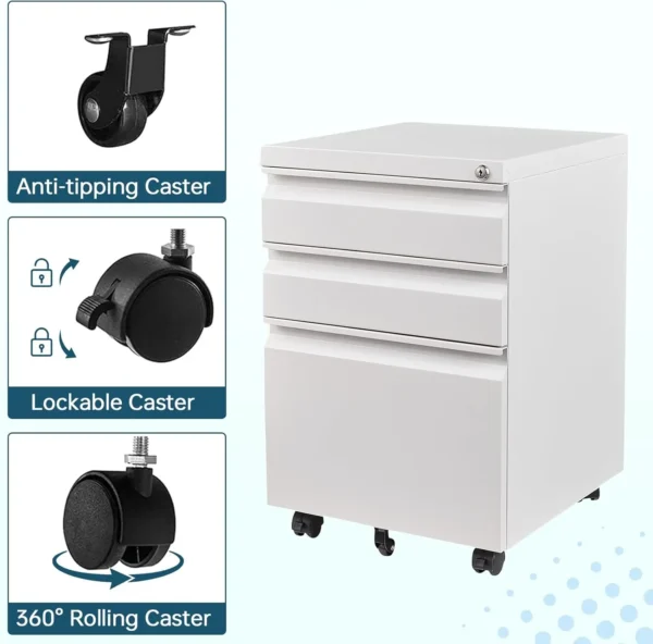 White Filing Cabinet 3 Drawers on Wheels Under Desk, Metal Rolling File Cabinet with Lock for Home Office, Small Mobile File Cab - Image 6