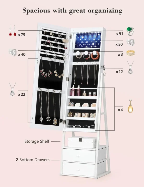 Armoire with 2 Drawers, Lockable Standing Jewelry Mirror Cabinet, Full Length Mirror with Jewelry Storage, White - Image 5