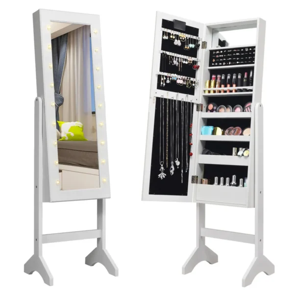 Free Standing Mirrored Jewelry Cabinet Armoire Organizer w/ 18 LED Lights White